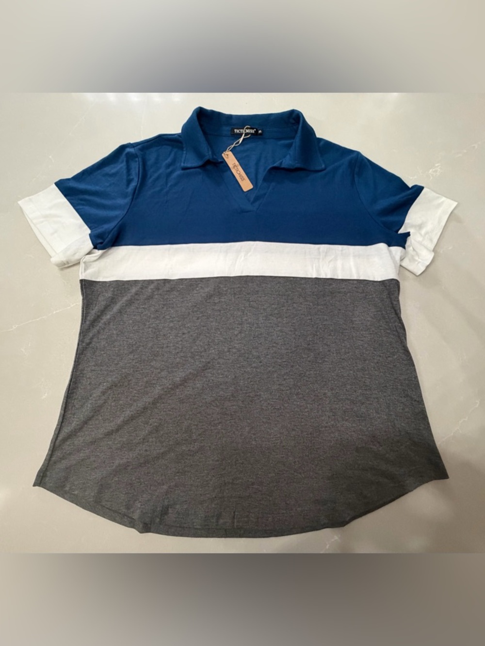 NWT TicticMiss Blue White Gray Colorblock Polo Shirt, XL